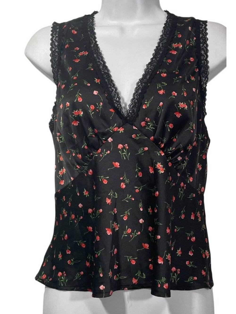 Wayf Black Satin Babydoll Tank Top Floral Lace Trim Sz S Whimsigoth Dark Romance